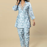 Ice blue Hand-Embroidered Abstract Print Muslin Coord Set