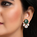 Gold Polish Brass with Kundan Polki, Carved onyx Earrings