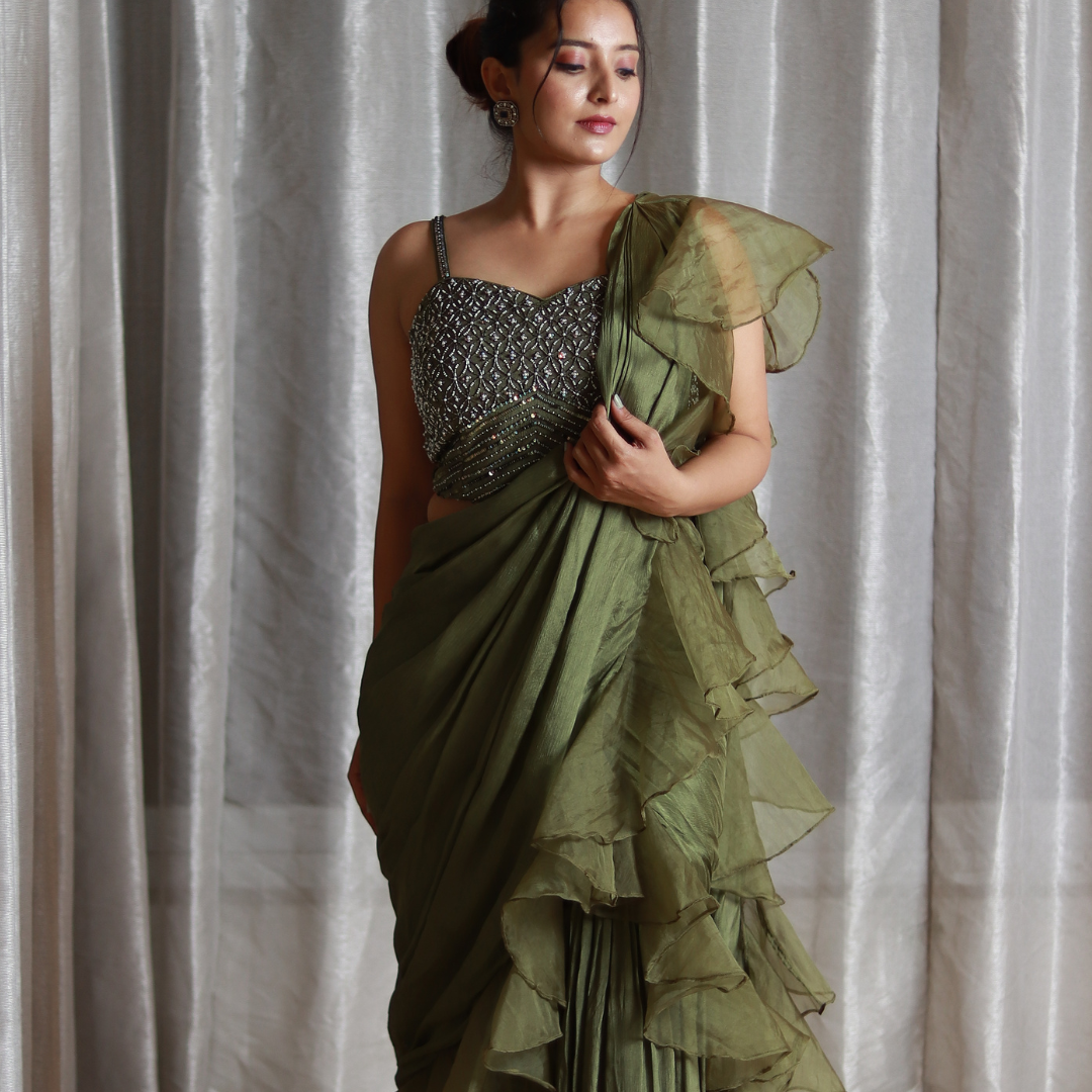 Mehndi Green Chinnon Drape Saree