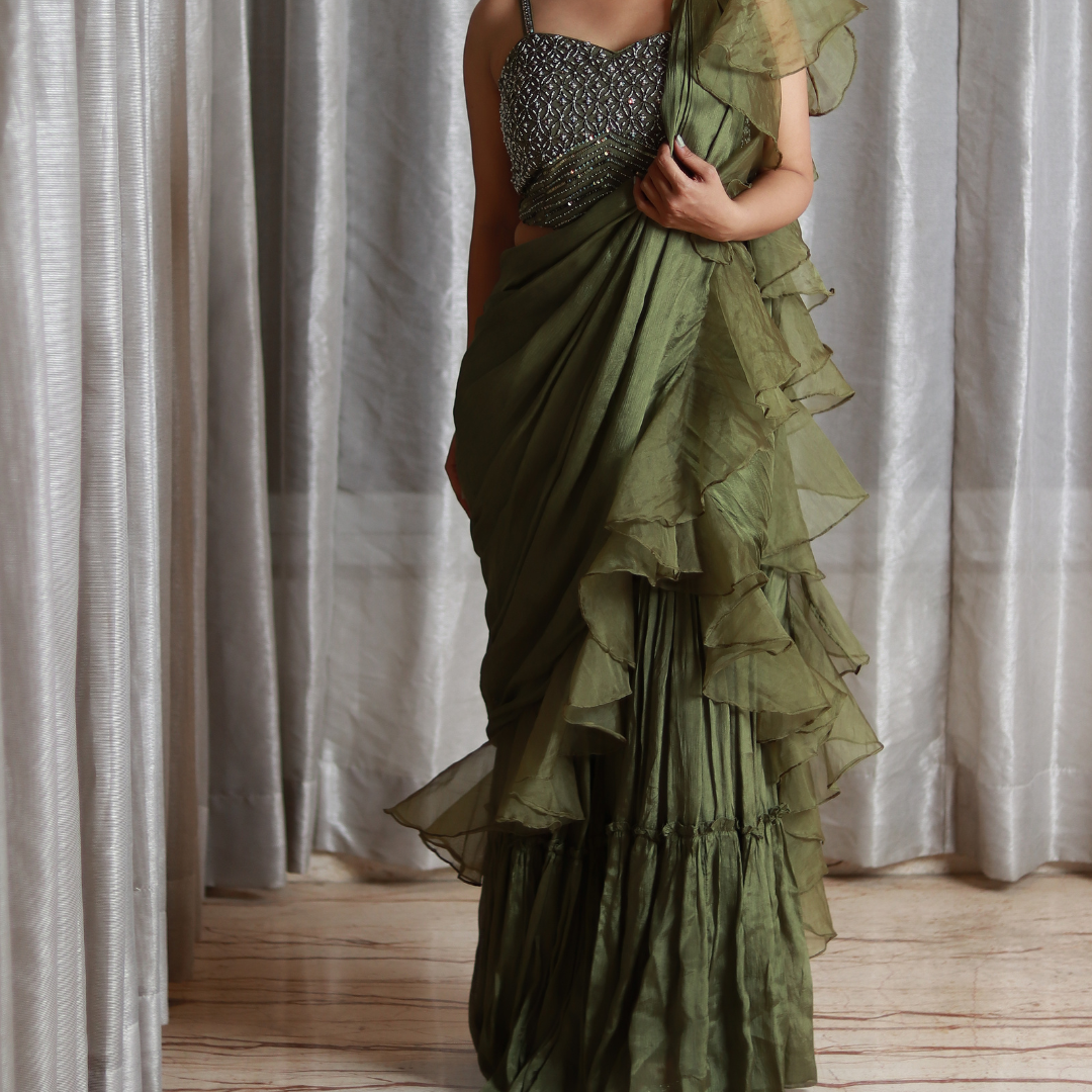 Mehndi Green Chinnon Drape Saree