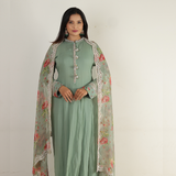 Hand-Embroidered Pista Green Flared Anarkali Dress with Pearl Work