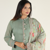 Hand-Embroidered Pista Green Flared Anarkali Dress with Pearl Work