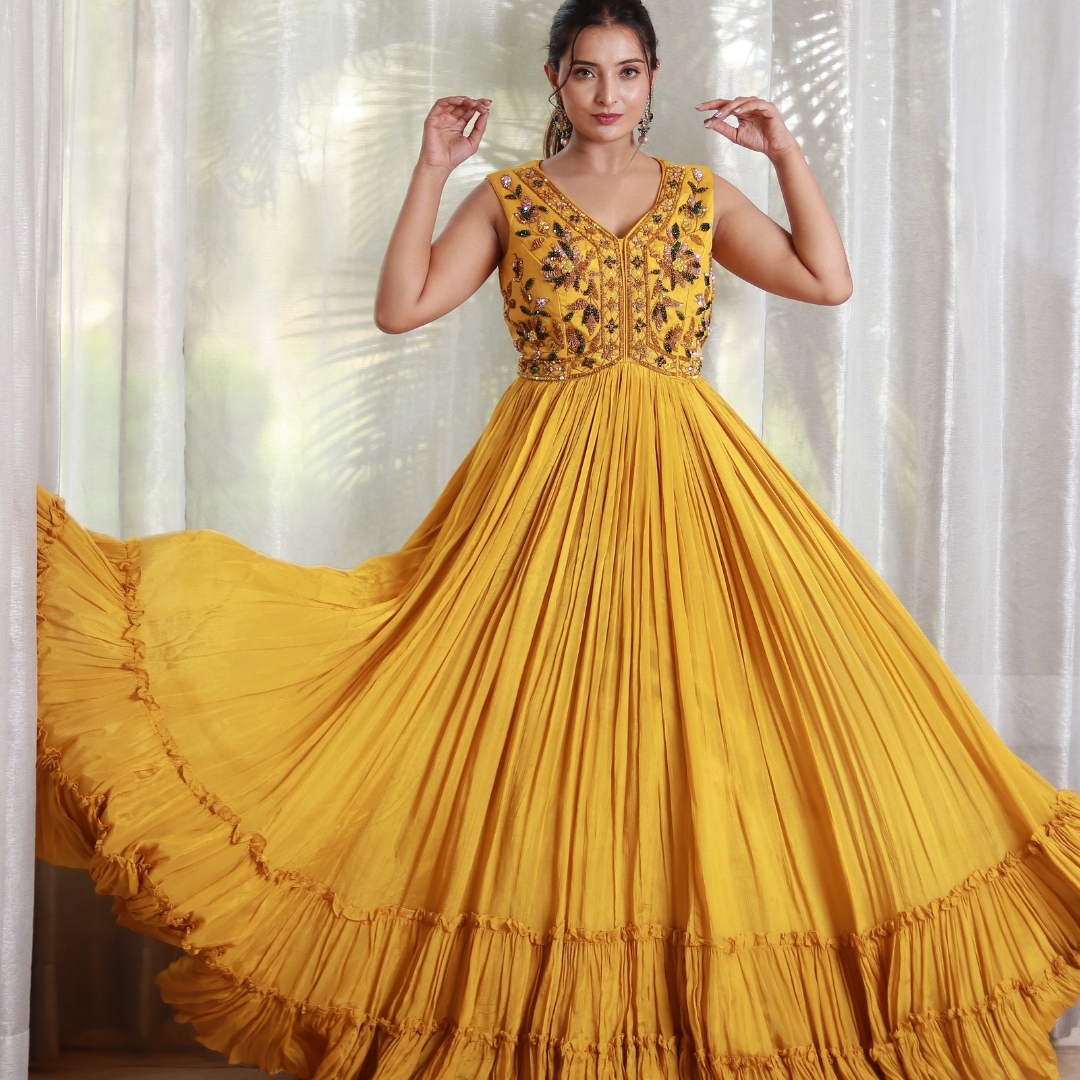Designer Hand Embroidered Yellow Flared Dress with Jaal Pattern