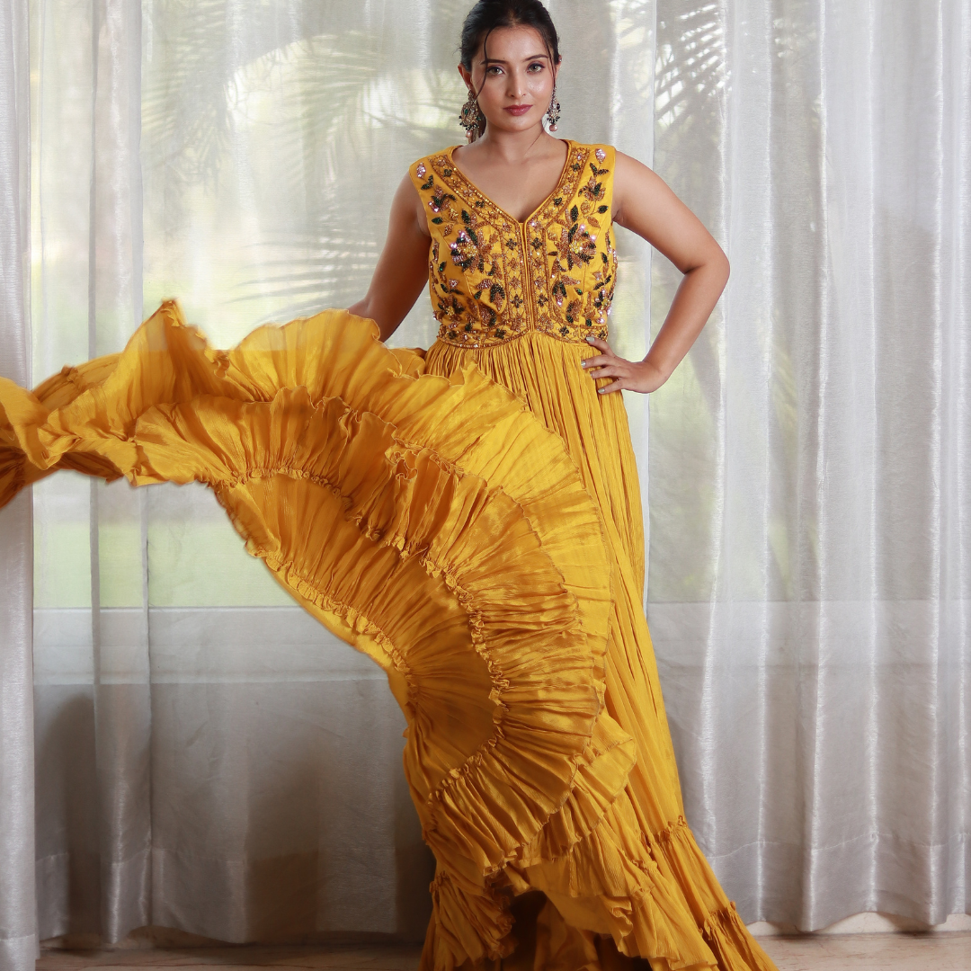Buy Yellow Georgette Print And Embroidery Floral Square Neck Pleated Gown  For Women by Onaya Online at Aza Fashions.