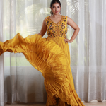 Designer Hand Embroidered Yellow Flared Dress with Jaal Pattern