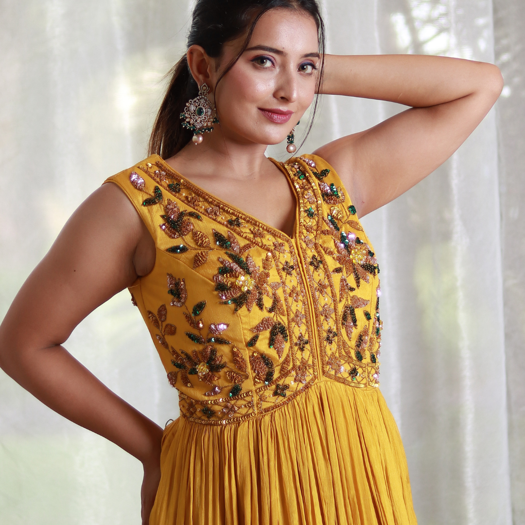 Designer Hand Embroidered Yellow Flared Dress with Jaal Pattern