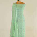 Hand-Embroidered Coral Green Organza Suit with Jaal Pattern