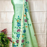 Pista Green Hand-Painted Maheshwari Suit with Brushed Dupatta