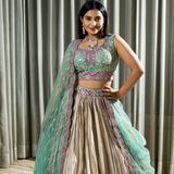 Handcrafted Light Gold Pleated Silk Lehenga with Aari Work Stitched Blouse