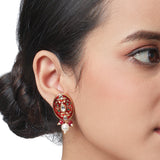 Golden, Red Kundan Polki, Shell Pearls Earrings