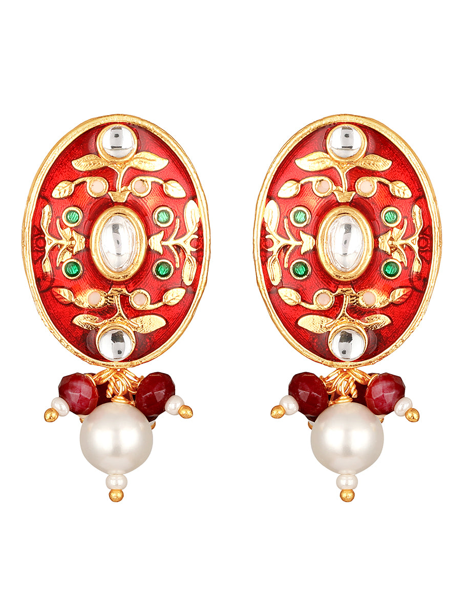 Golden, Red Kundan Polki, Shell Pearls Earrings