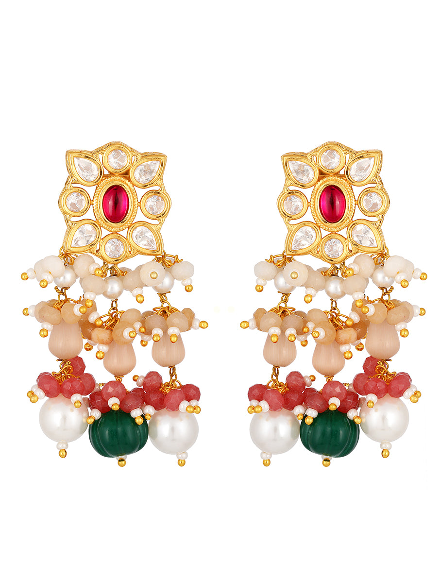 Golden, Green and Red Kundan Polki, Shell Pearls Earrings