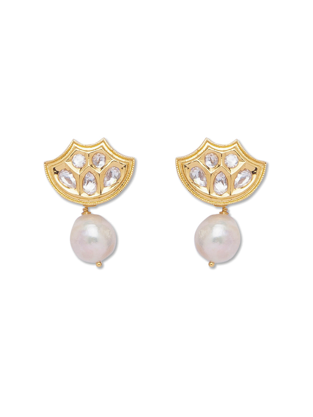 golden and Pearly White Kundan Earrings .