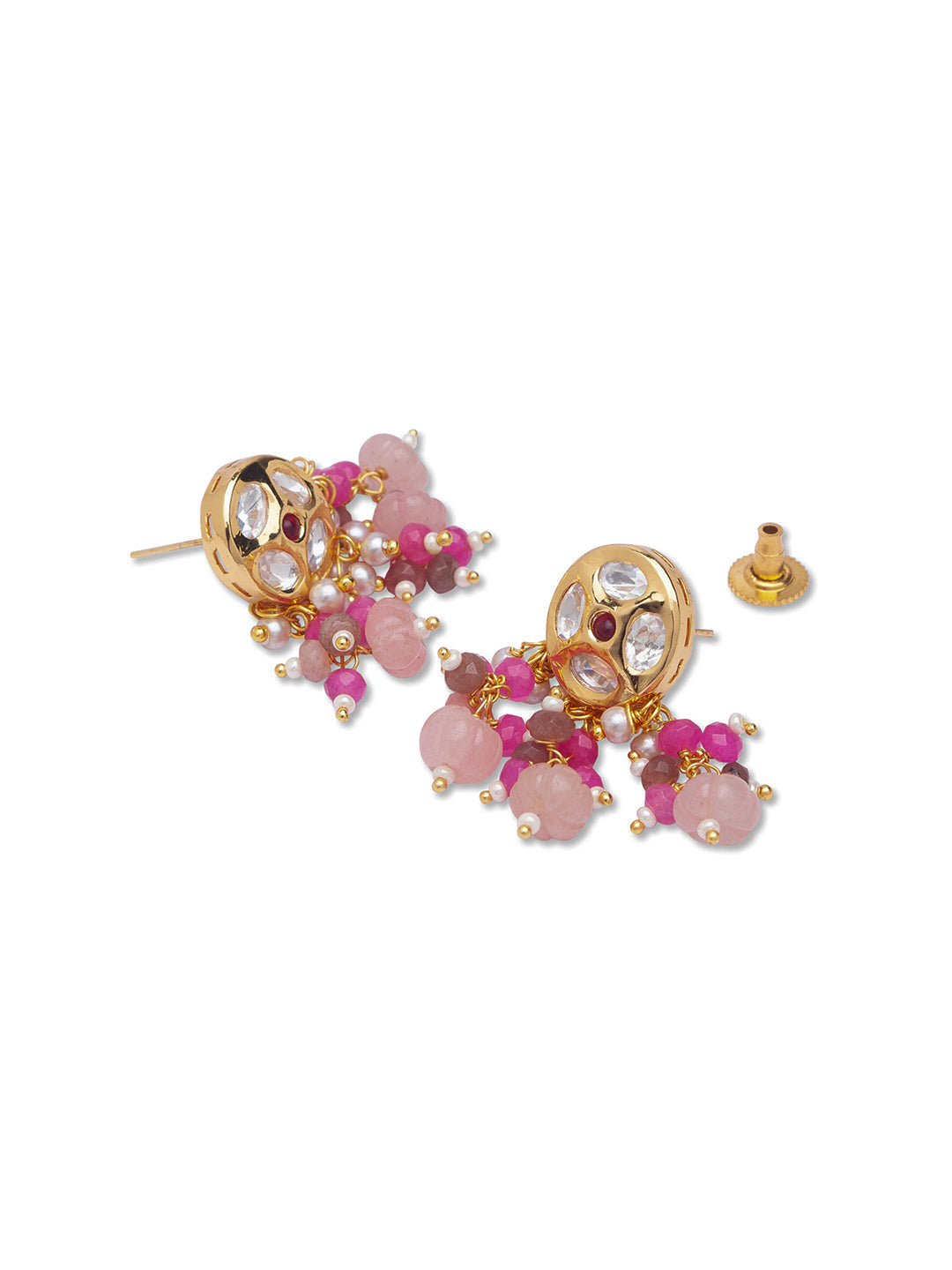 Golden, Pink and Brown  Kundan Earrings with Onyx