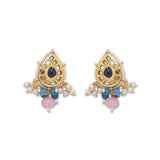 Golden, Blue and Light Pink Kundan Earrings with Onyx