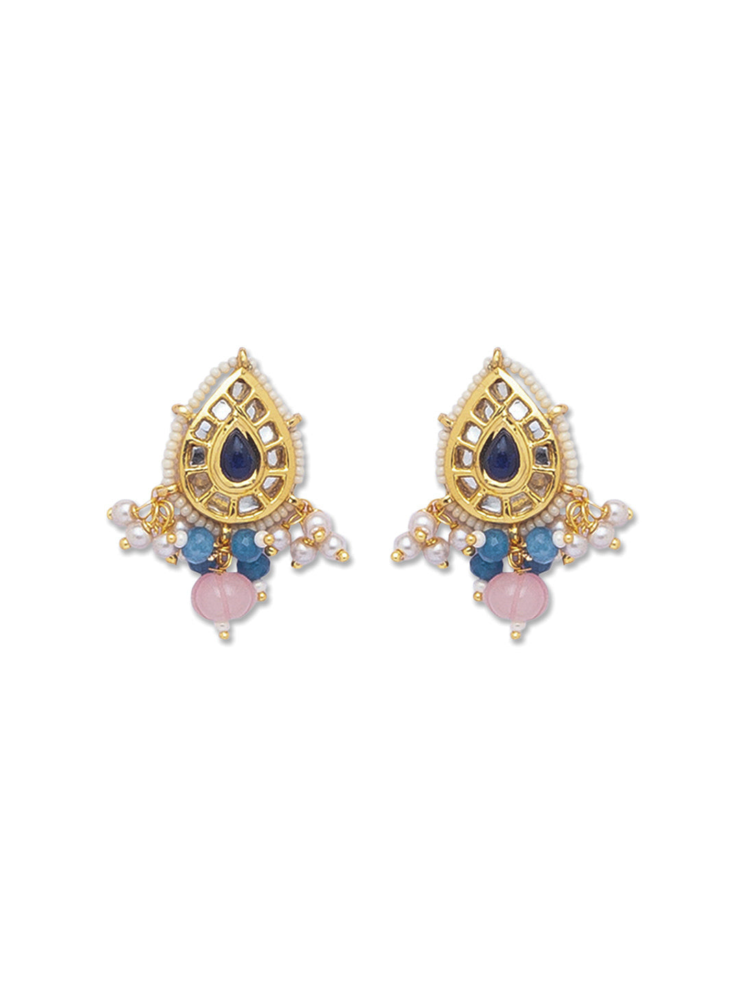 Golden, Blue and Light Pink Kundan Earrings with Onyx