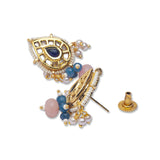 Golden, Blue and Light Pink Kundan Earrings with Onyx