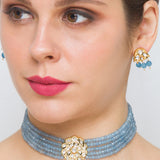 Golden and Sky blue Kundan Polki Earrings