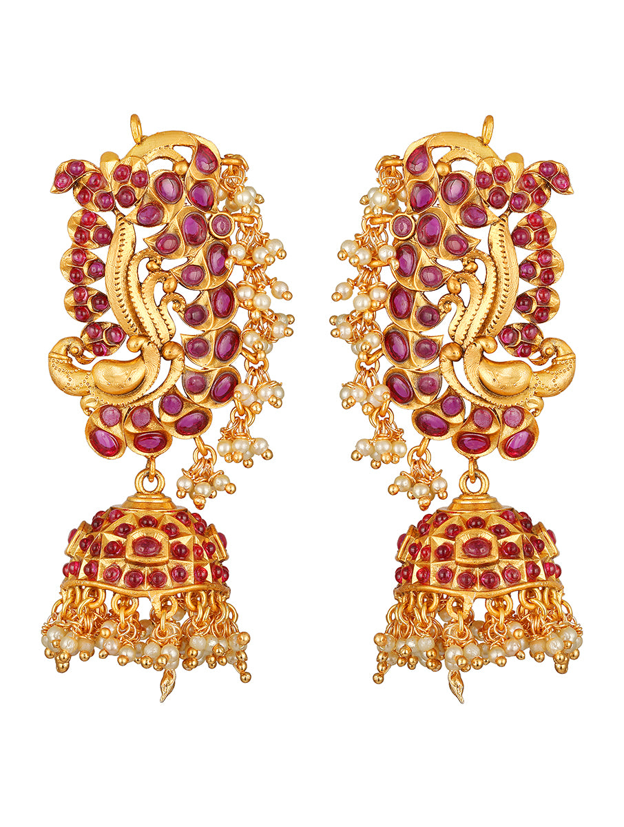 Micron Gold Polished Earring With Pearls, & Maroon Coloured Polki Stones.