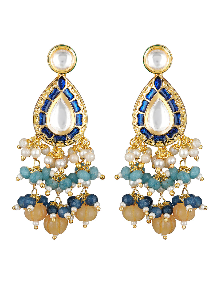 Golden, Navy and  Light Blue Kundan Polki Earrings