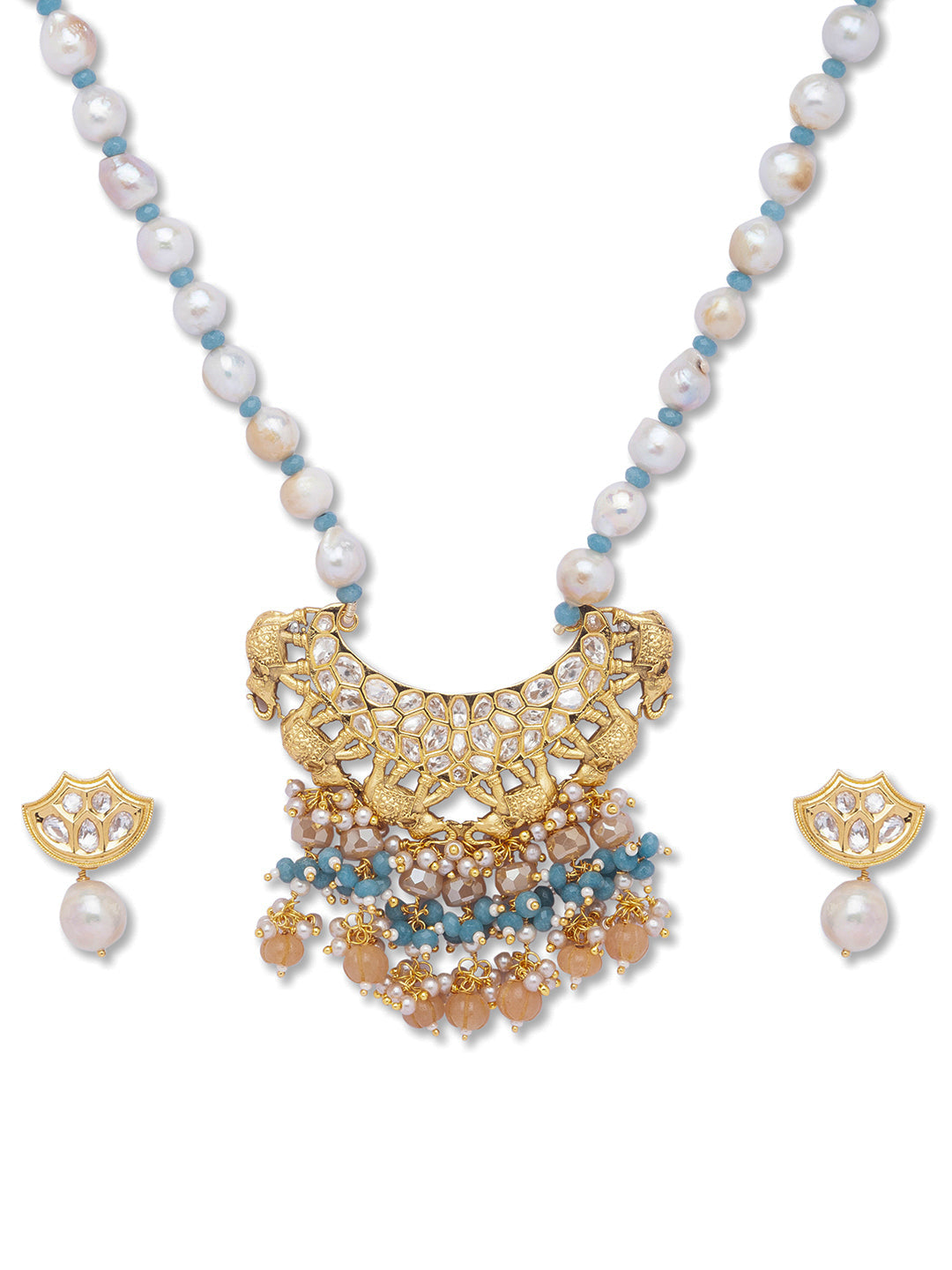 Golden, Pearly White, Blue, Kundan Polki, Necklace Set