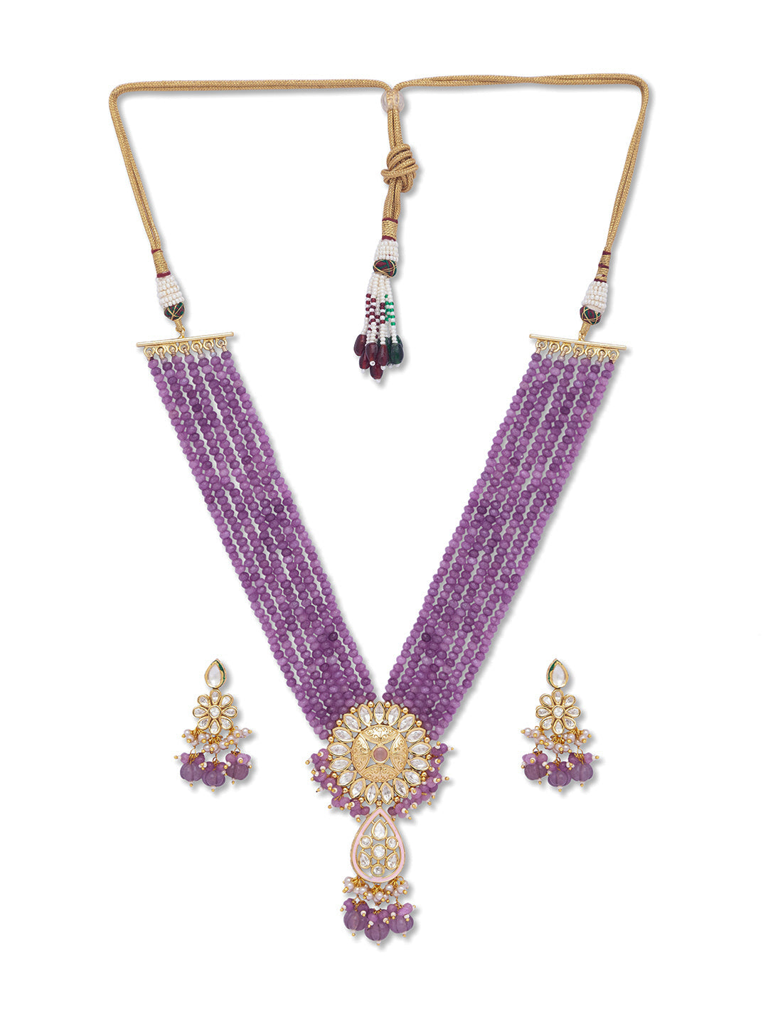 Golden, Light Purple, Kundan Polki, Necklace Set wiyh Onyx