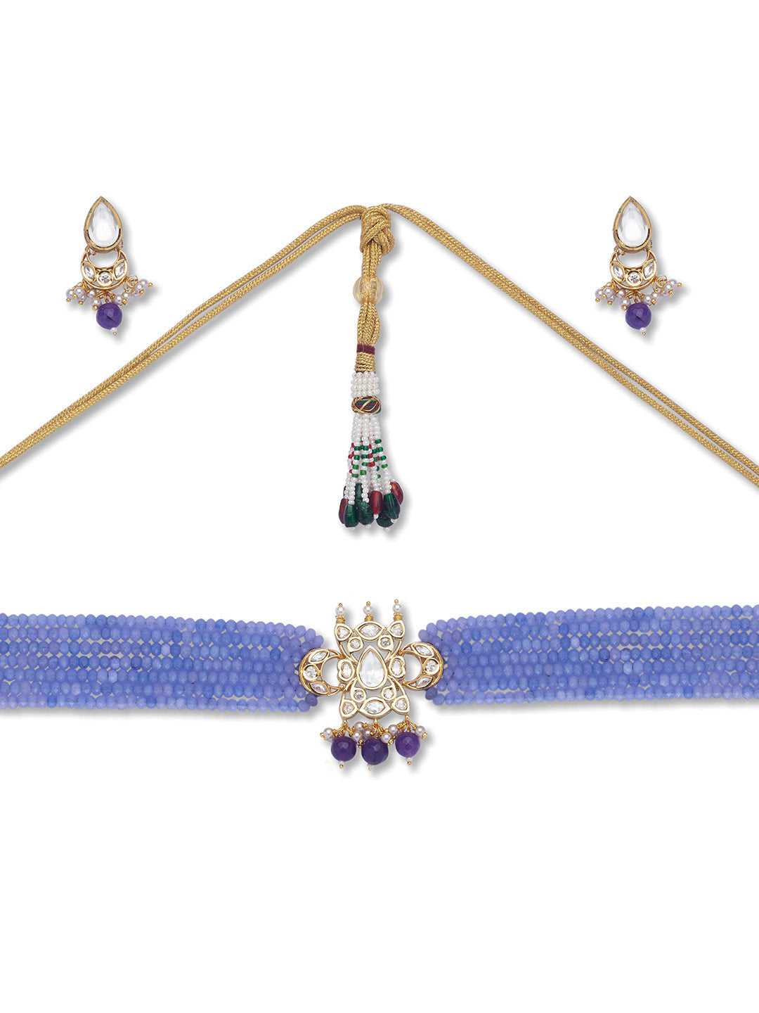 Golden, Darl Lilac, Purple, Kundan Polki Brass, Necklace Set