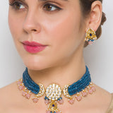 Watermelon Agate Kundan Polki Necklace with Onyx Tumbles