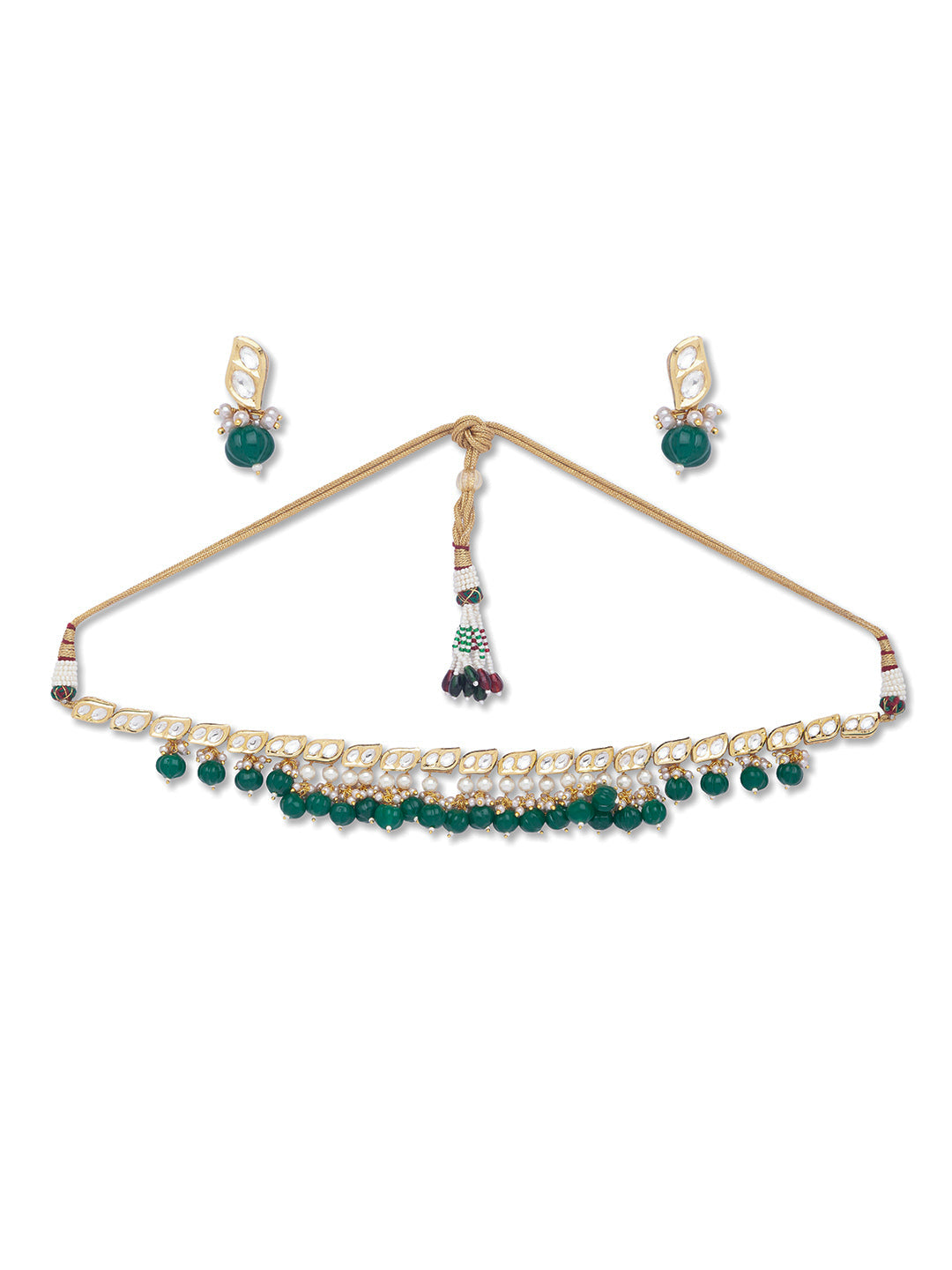 Golden, Green, Pearly Crème, Kundan Polki, Necklace Set