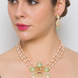 Golden, Mint Green, Creamy Pink Pearls,, Kundan  Necklace Set