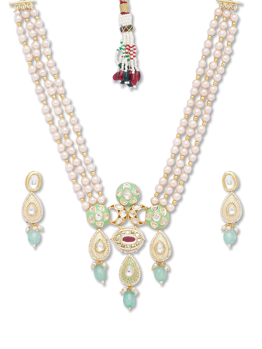 Golden, Mint Green, Creamy Pink Pearls,, Kundan  Necklace Set