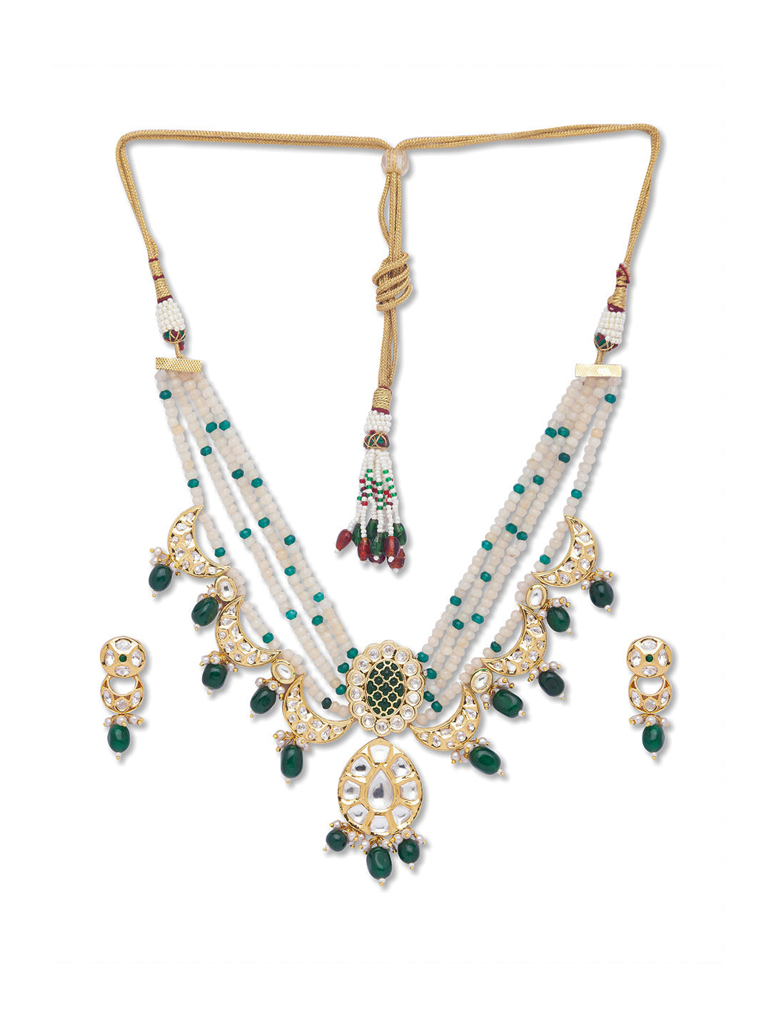 Golden, Crème, Green, Kundan Polki, Necklace Set with Onyx .
