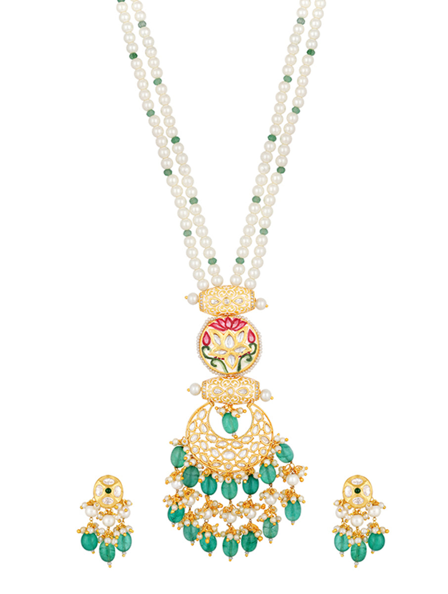 Golden, Mint Green Agates, Kundan Polki Necklace Set