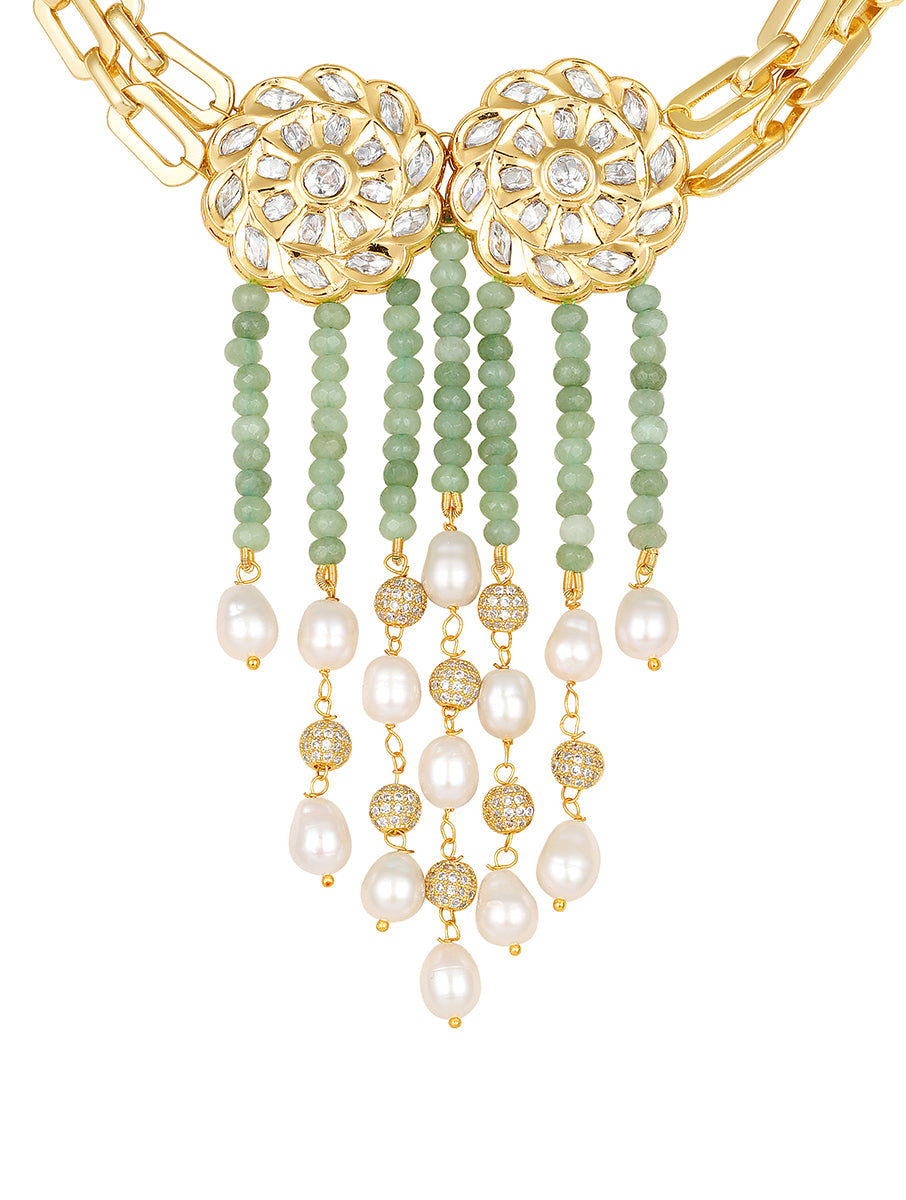 Golden, Mint, Light Green Agates, CZ Diamond balls, Kundan Polki Necklace