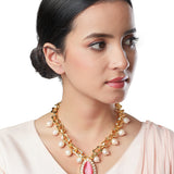 Gold Polished Brass Necklace With Onyx Stone & Shell Pearls