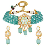 Golden, Blue Kundan Polki, Agate, Shell Pearls Necklace Set