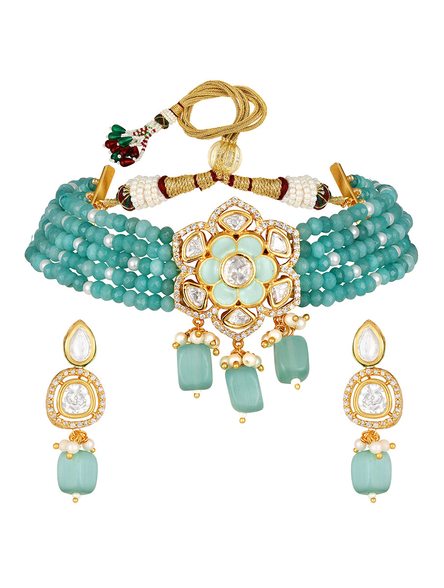 Golden, Blue Kundan Polki, Agate, Shell Pearls Necklace Set