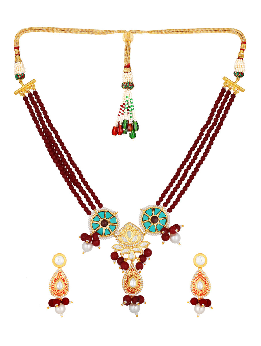 Micron gold polished brass, Agates, Kundan Polki, Hand-Paint Meen Necklace Set