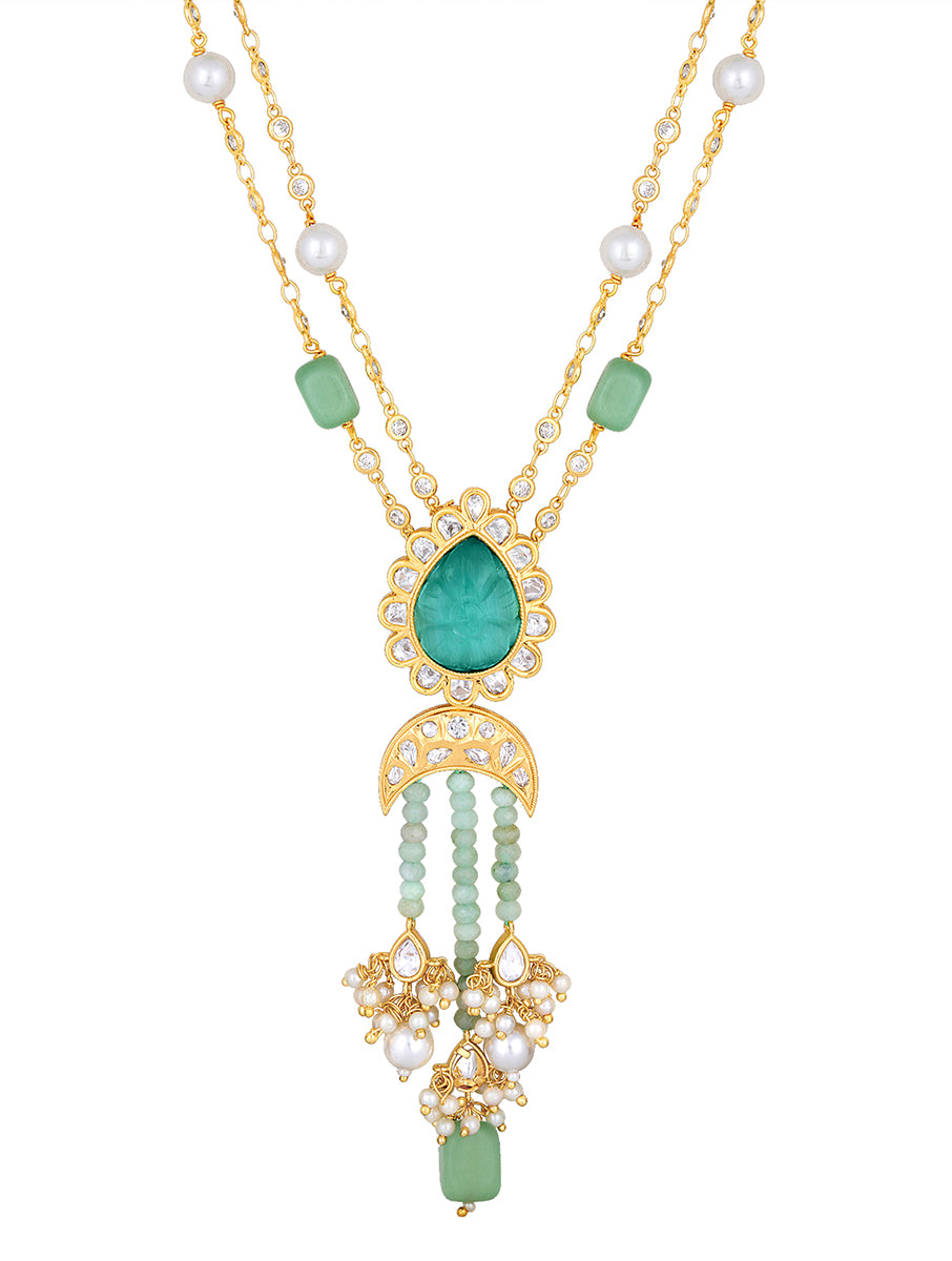 Golden, Mint Green  Agates, Kundan Polki Necklace