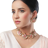 Golden, Green and Cherry Kundan Polki, Pearls, Coloured Polki Necklace Set