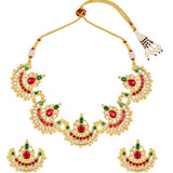 Golden, Green and Cherry Kundan Polki, Pearls, Coloured Polki Necklace Set