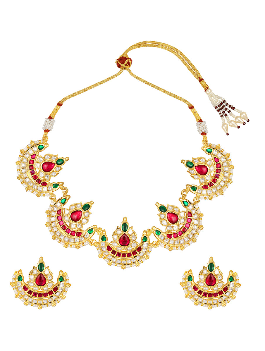 Golden, Green and Cherry Kundan Polki, Pearls, Coloured Polki Necklace Set