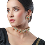 Golden, Creme, Cherry and  Green Kundan Polki Necklace Set