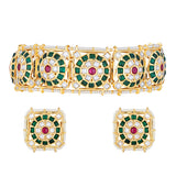 Golden, Creme, Cherry and  Green Kundan Polki Necklace Set