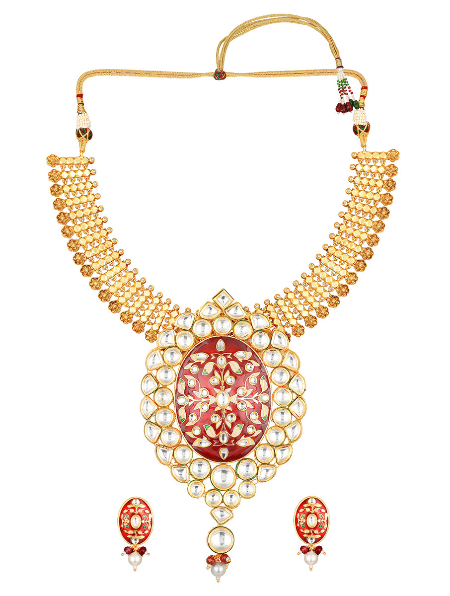 Golden, Red, Creme, Green,  Kundan Polki, Necklace Set