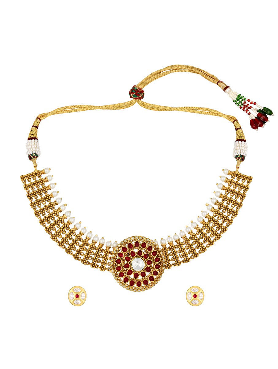 Golden, Red, Creme,  Kundan Polki, Pearls, Necklace Set