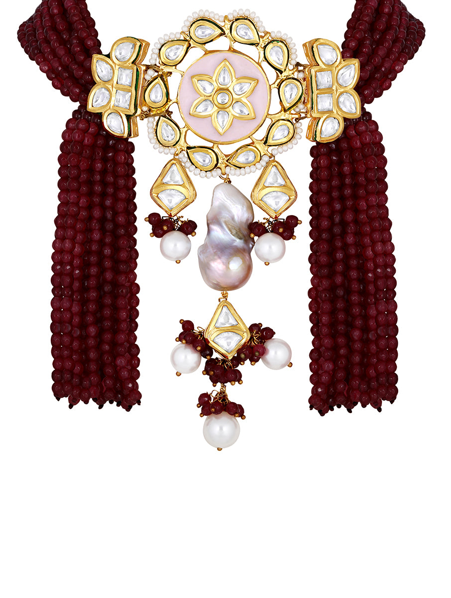 Gold Plated Kundan Necklace with Agate and Pearls