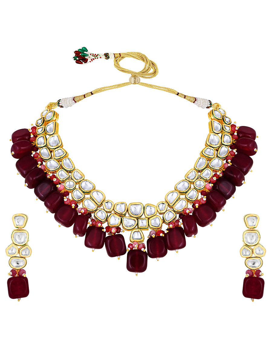 Gold Plated Kundan Necklace with Onyx and Pearls