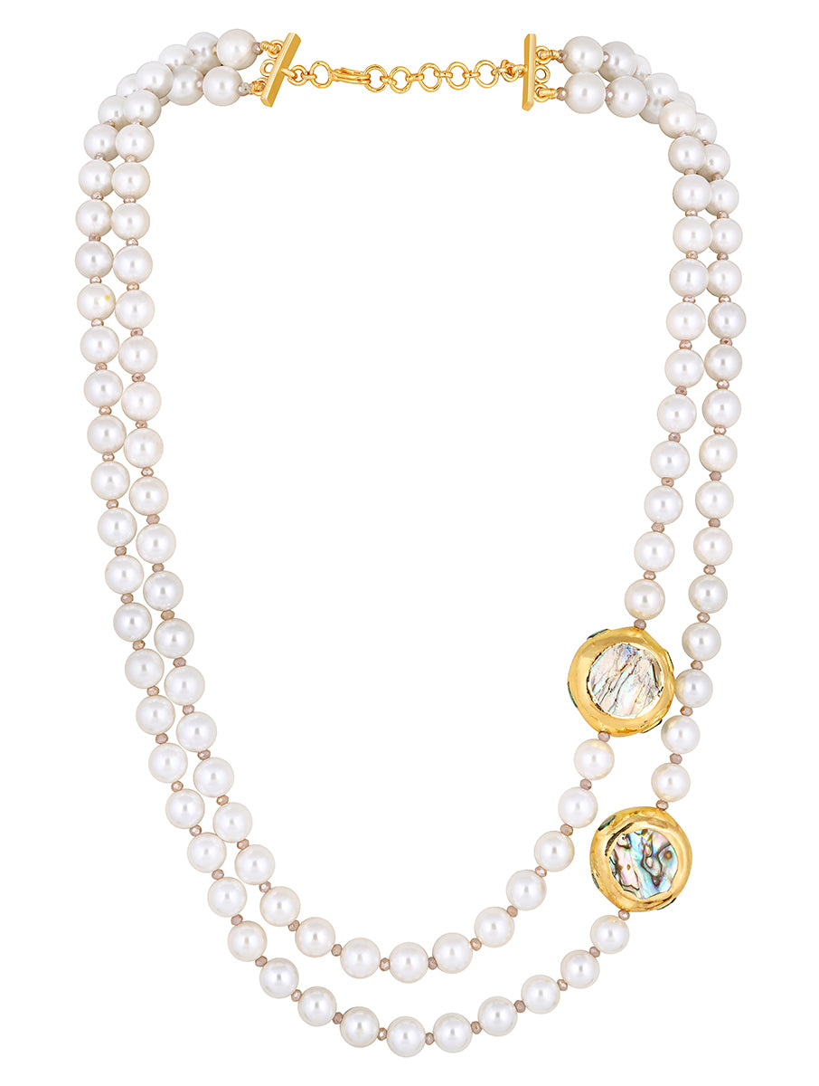 Gold Plated Pearl Beaded Necklace with Mother of Pearl