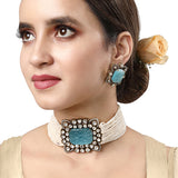 Gold Plated Kundan Necklace with Onyx and Pearls